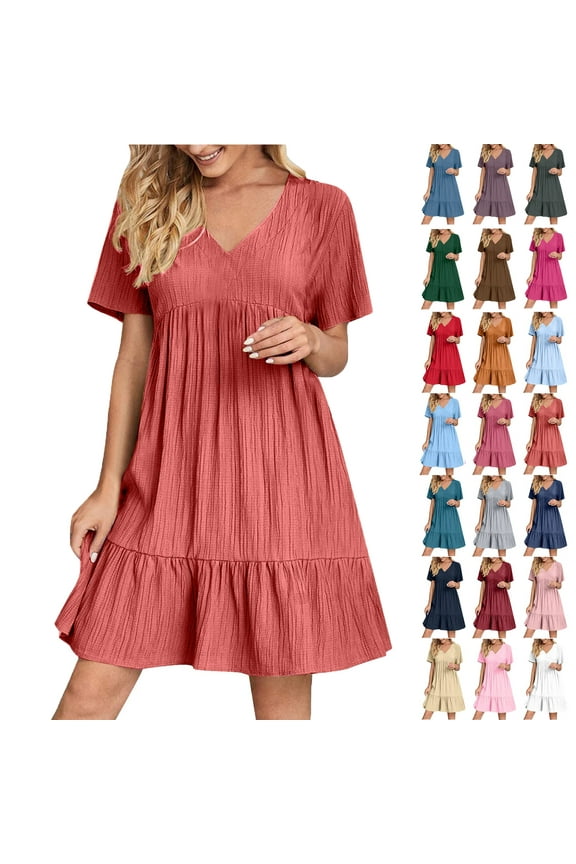 Summer Women V-Neck Short Dress Summer Fashion Solid Color Short Sleeve Above Knee Ruffle Dress Women' Size XXL Watermelon Red Loose-Fit Casual Swing Dress