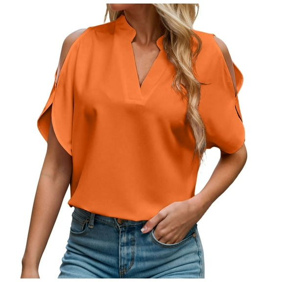 Summer Women V Neck Short Sleeve Blouse - Lapel Collar, Solid Color, Polyester-Spandex, Office Casual Top S-XXL
