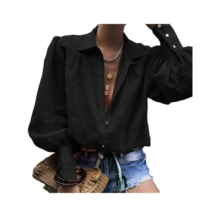 v neck puff long sleeve loose blouse