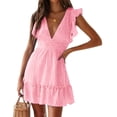 thumbnail image 1 of Summer Women deep V Neck Mini Dress Ruffle Flutter Sleeve Polka Dot Dresses, 1 of 4
