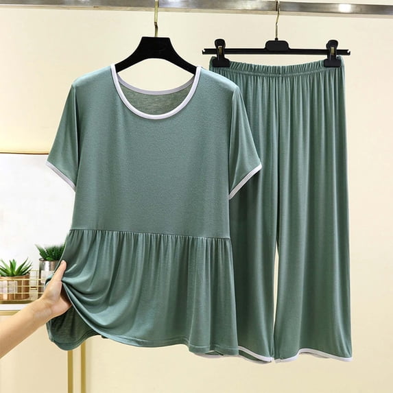 Summer Women's 2 Piece Lounge Set Casual Long Pants Solid Color Loungewear Set — Army Green∣L