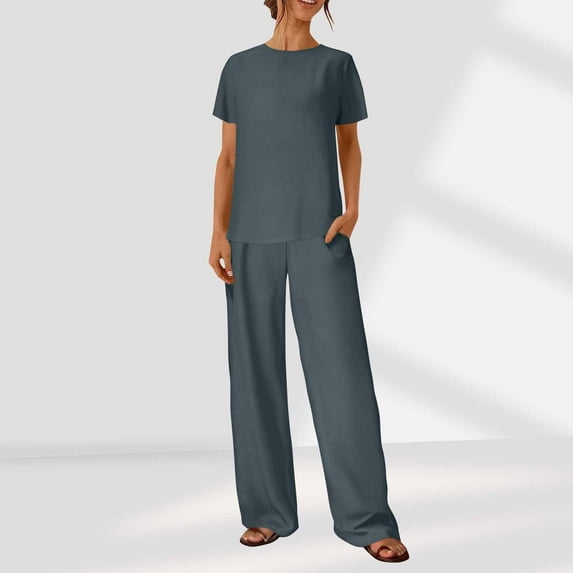 Summer Women's 2 Piece Lounge Set Loose Casual Solid Color Suspenders Slit Dark Gray-Long Matching Lounge Sets S-2XL