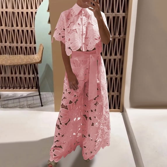 Summer Women's 2 Piece Lounge Set Solid Color Hollow Cardigan Top Wide Leg Pants Short Sleeved Lapel Summer Fashion Sweatsuits — 2XL