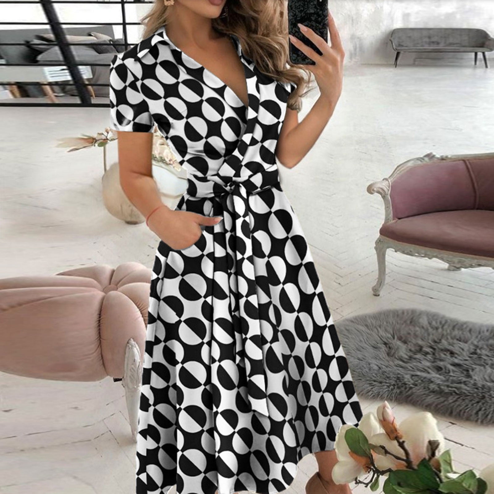 Elegant Geometric Print Lace Up V Neck A Line Dresses Elegant Geometric Print Lace Up V Neck A Line Dresses