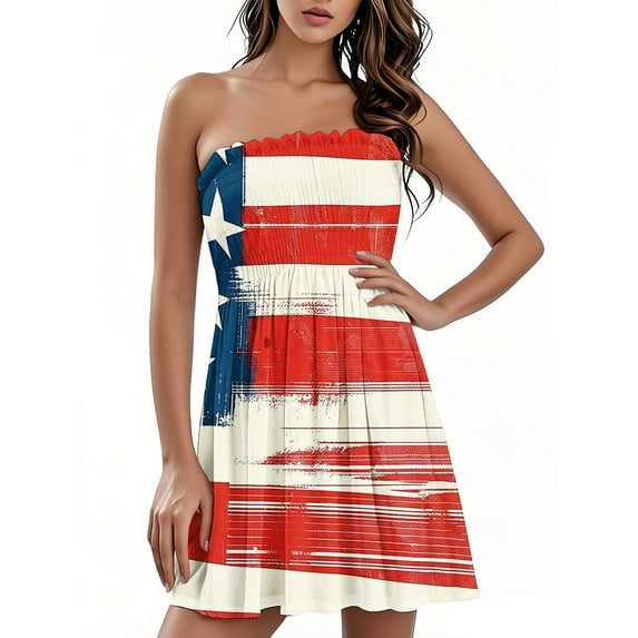 Summer Women's Bandeau Sleeveless Dress, Casual Independence Day Themed Printed Tank Dress with Lightweight Fabric, Perfect for BBQ Parties and Fireworks Nights,Dark Blue L