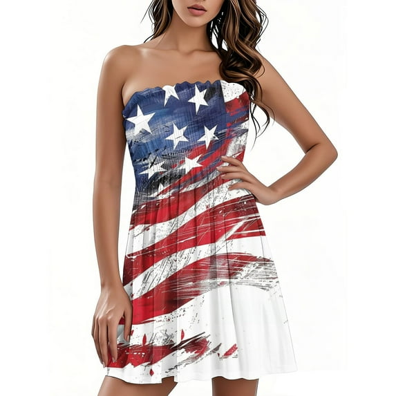 Summer Women's Bandeau Sleeveless Dress, Casual Independence Day Themed Printed Tank Dress with Lightweight Fabric, Perfect for BBQ Parties and Fireworks Nights,Light Blue XL