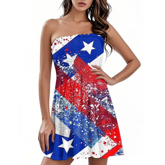 Summer Women's Bandeau Sleeveless Dress, Casual Independence Day Themed Printed Tank Dress with Lightweight Fabric, Perfect for BBQ Parties and Fireworks Nights,Wine S
