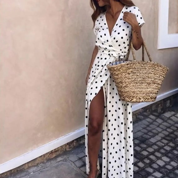 Summer Women's Beach Party Deep V Dot Split Short Sleeve Long Dress Floral Print Bohemian Long Shirt Chiffon Dress
