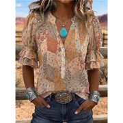 Summer Womens Bohemian Printed Shirt, V-Neck Button Casual Shirt, Suitable for Holiday Gatherings, Daily Commute
