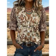 Summer Womens Bohemian Printed Shirt, V-Neck Button Casual Short Sleeved Shirt, Suitable for Holiday Gatherings, Daily Commute