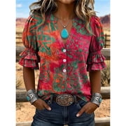 Summer Womens Bohemian Printed Shirt, V-Neck Button Short Sleeved Shirt, Suitable for Holiday Gatherings