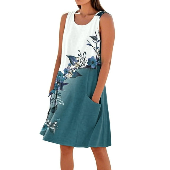 Summer Women's Boho Floral Sleeveless Tank Dress Lightweight Rayon Blend Sundress with Cross Back Detail and Side Slits for Vacations,Cyan S
