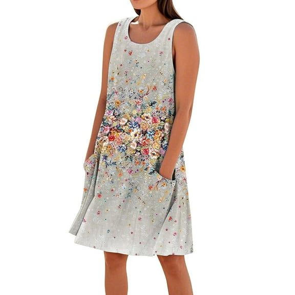 Summer Women's Boho Floral Sleeveless Tank Dress Lightweight Rayon Blend Sundress with Cross Back Detail and Side Slits for Vacations,Gray 2XL