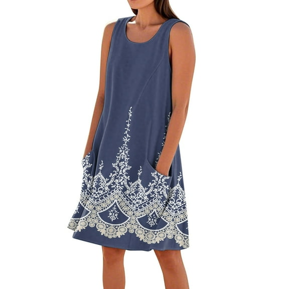 Summer Women's Boho Floral Sleeveless Tank Dress Lightweight Rayon Blend Sundress with Cross Back Detail and Side Slits for Vacations,Navy S