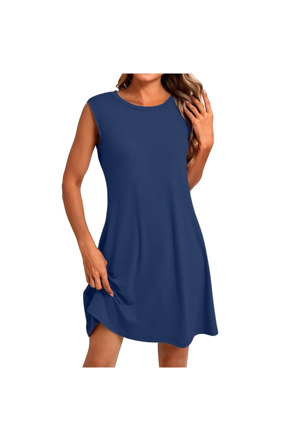Summer Women's Button-Down Lapel Collar Sleeveless Dress 100% Cotton Linen Blend Casual Shift Dress with Front Pockets for Outdoor Activities,Dark Blue S