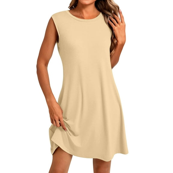 Summer Women's Button-Down Lapel Collar Sleeveless Dress 100% Cotton Linen Blend Casual Shift Dress with Front Pockets for Outdoor Activities,Khaki S