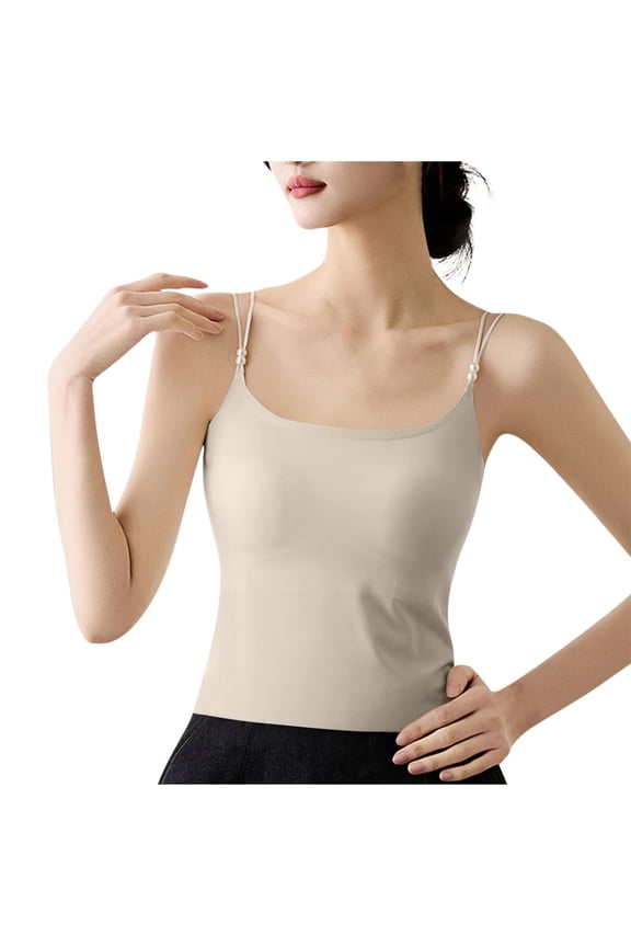 Summer Women's Camisole Tank Top Double Layer Silk Cami Soft Lingerie Slimming Undershirt Spaghetti Strap Casual Crop Top With Built In Bra Wireless Fabric Support