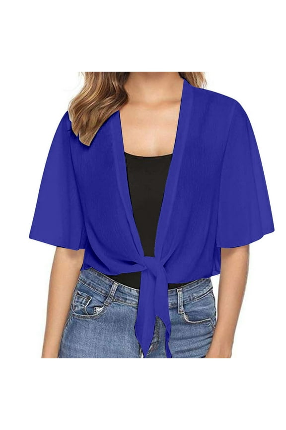Summer Women's Casual Chiffon Cardigan Elegant Lightweight Thin Short Sleeve Shoulder Jacket for Ladies