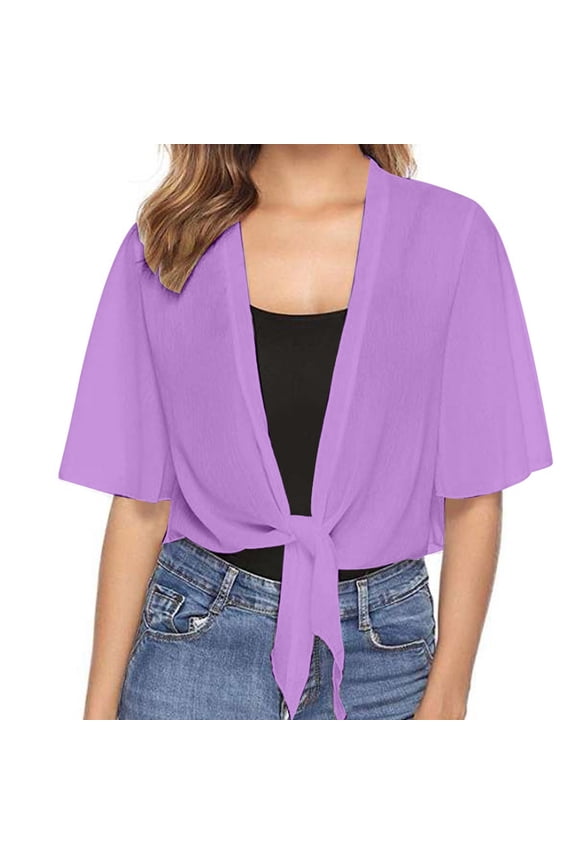 Summer Women's Casual Chiffon Cardigan Elegant Lightweight Thin Short Sleeve Shoulder Jacket for Ladies