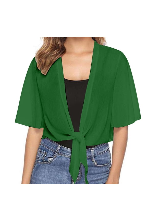 Summer Women's Casual Chiffon Cardigan Elegant Lightweight Thin Short Sleeve Shoulder Jacket for Ladies