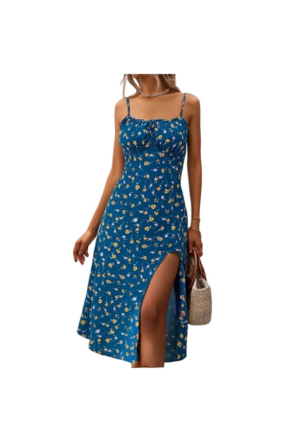 Summer Women's Casual Floral Print Spaghetti Strap Midi Dress Sleeveless Ruched Split Slit Beach Dress with Lightweight Chiffon Fabric for Outdoor Vacation,Blue XL