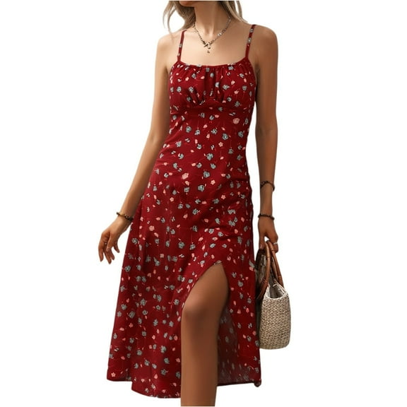 Summer Women's Casual Floral Print Spaghetti Strap Midi Dress Sleeveless Ruched Split Slit Beach Dress with Lightweight Chiffon Fabric for Outdoor Vacation,Red S