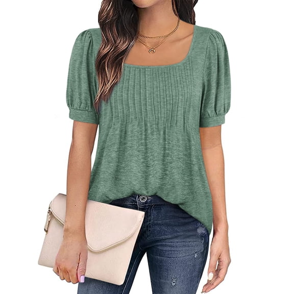 Summer Women's Casual Puff Short Sleeve T-Shirts Square Neck PleatedTrendy Tunic Tops