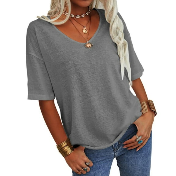 Summer Women's Casual Solid Color T-shirt Half Sleeved Simple V-neck Tee Tops