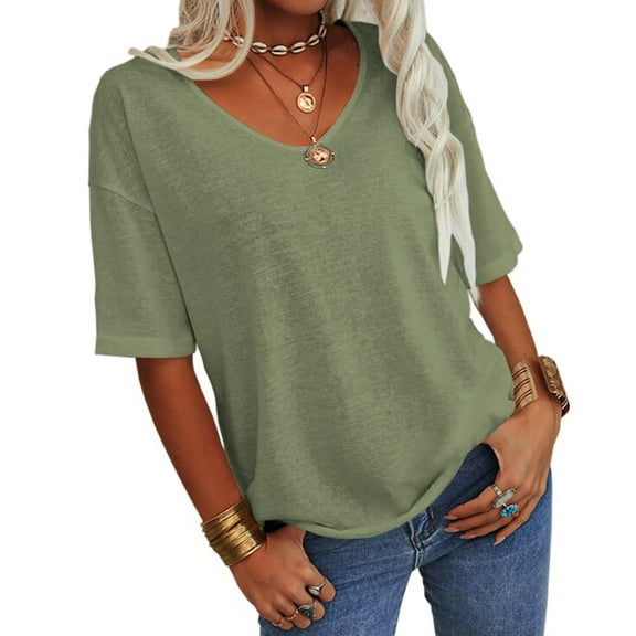 Summer Women's Casual Solid Color T-shirt Half Sleeved Simple V-neck Tee Tops