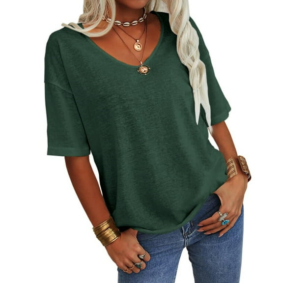 Summer Women's Casual Solid Color T-shirt Half Sleeved Simple V-neck Tee Tops