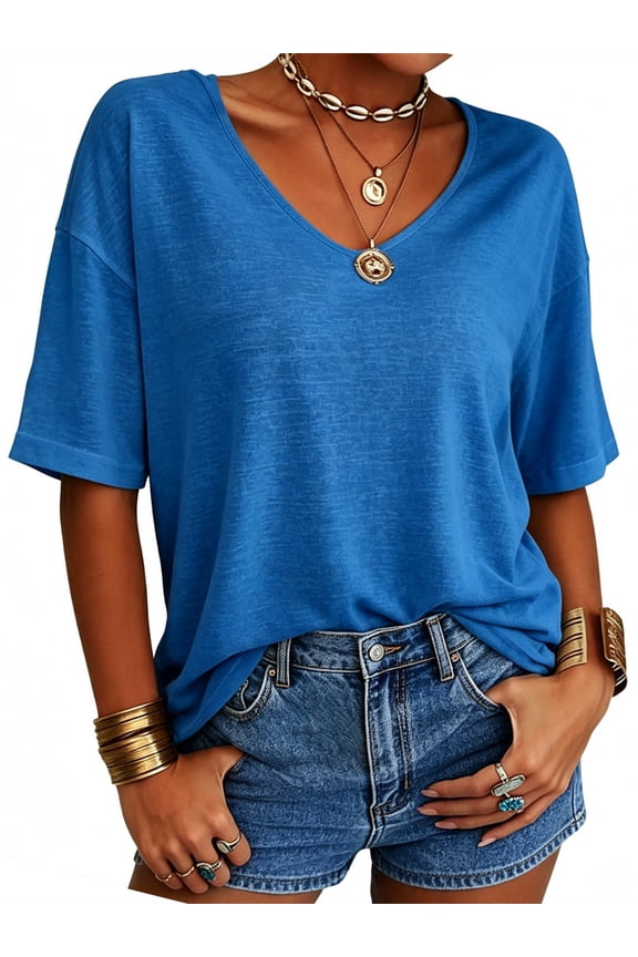 Summer Women's Casual Solid Color T-shirt Half Sleeved Simple V-neck Tee Tops