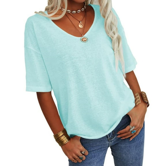 Summer Women's Casual Solid Color T-shirt Half Sleeved Simple V-neck Tee Tops