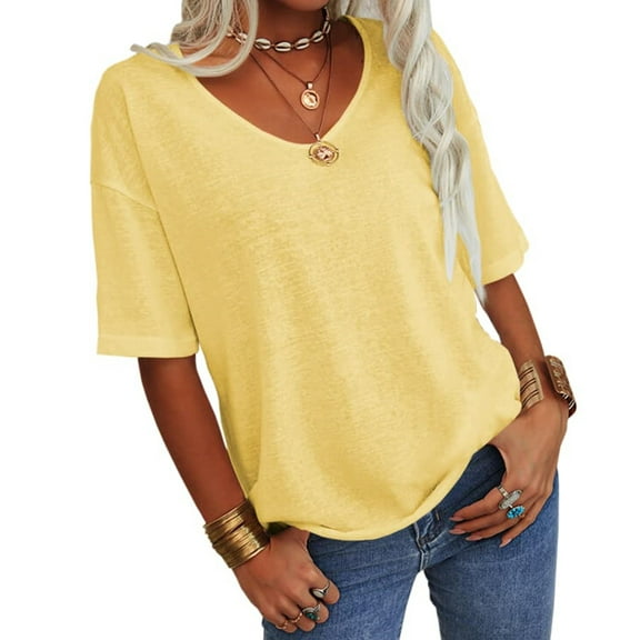 Summer Women's Casual Solid Color T-shirt Half Sleeved Simple V-neck Tee Tops