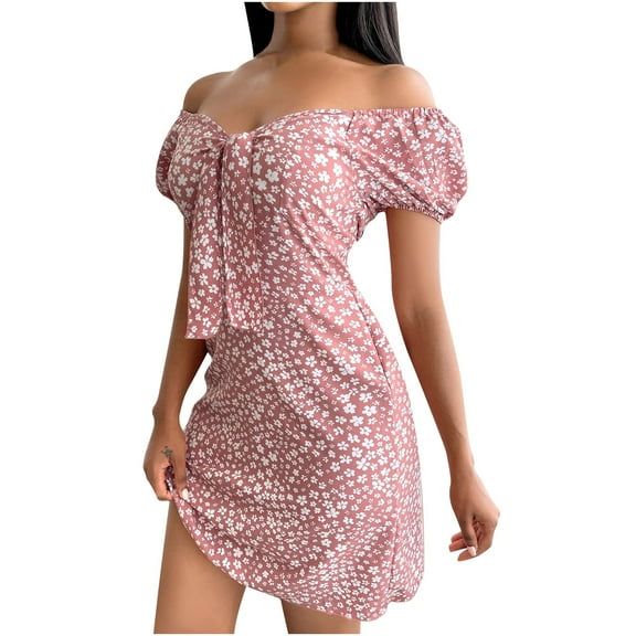 Summer Women's Cottagecore Ditsy Floral Dress Off Shoulder Tie Neck Mini Bodycon Dress Sexy Party Bodycon Dresses
