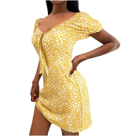 Summer Women's Cottagecore Ditsy Floral Dress Off Shoulder Tie Neck Mini Bodycon Dress Sexy Party Bodycon Dresses