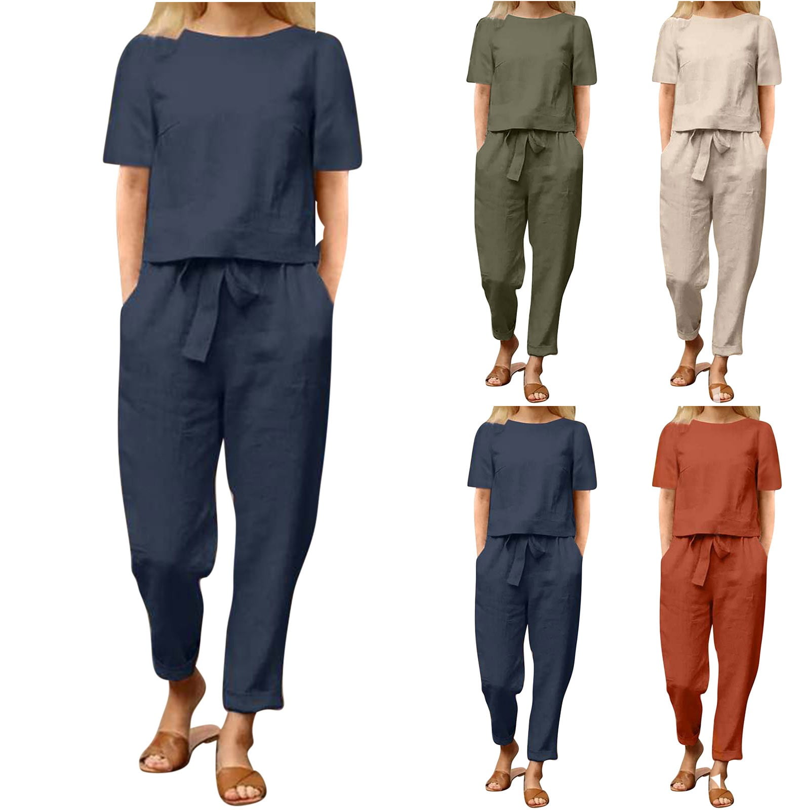 Round Neck Short Sleeve Top and Pants Lounge Set