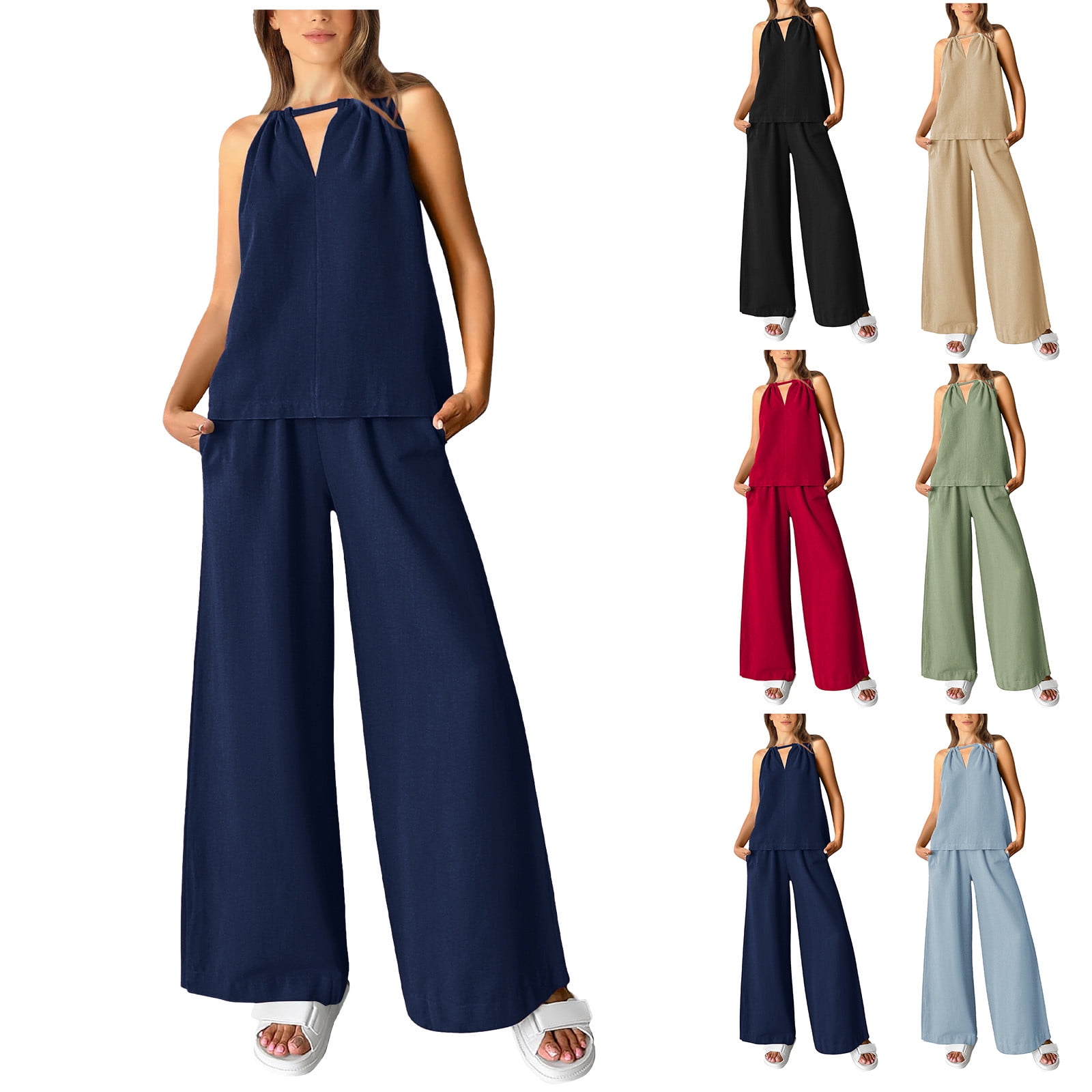 Summer Women's Cotton Linen Suit Clearance AKAFMK Womens 2 Piece