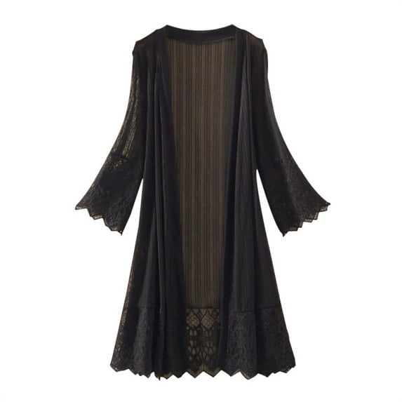 Summer Women's Cover Up Lace Long Sleeve Open Front Swimsuit Sexy Beach Kimono Cardigan Lightweight Sunscreen Bikini Cover Up Black S