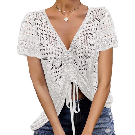 Summer Women's Crochet Beach Cover Up Lace-Up Drawstring Poncho Top Beachwear Swimsuit Bikini Dress-Up