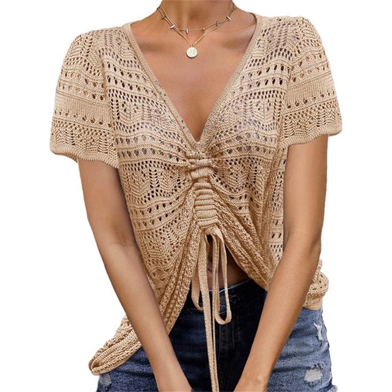 Summer Women's Crochet Beach Cover Up Lace-Up Drawstring Poncho Top Beachwear Swimsuit Bikini Dress-Up
