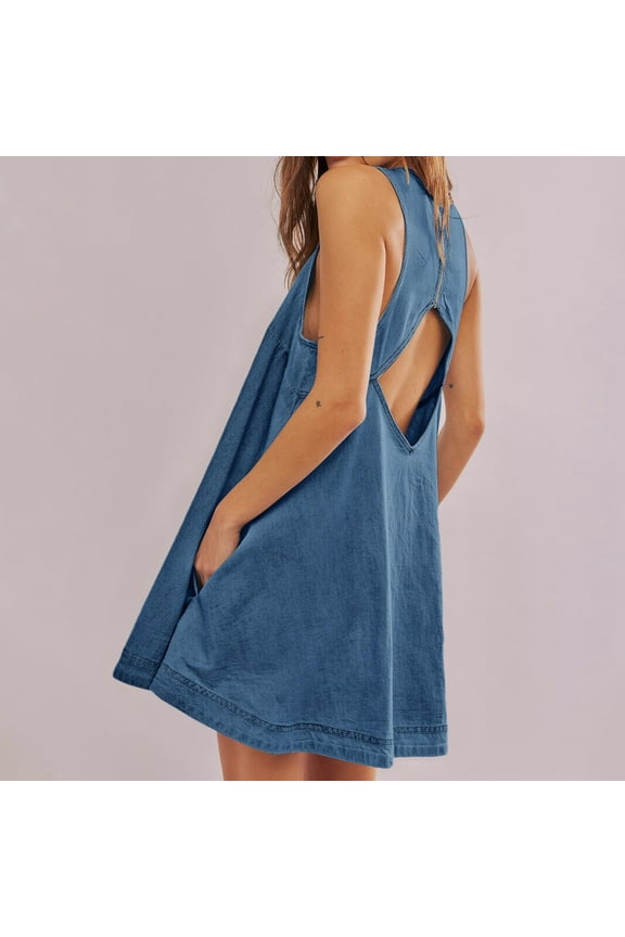 Summer Women's Denim Sleeveless Mini Dress With Pockets Casual Jean Dress For Daily Wear Long Dress for Women Fancy plus Size Dress Tops Rose Semi Formal Dress Dress 2xl Evening Gowns for plus Size