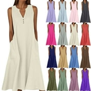 LENAGO Summer Women's Dress Casual Maxi Dress Strapless V-Neck Sundress Long Beach Dress with Side Pockets Plus Size Holiday Vacation Party Club