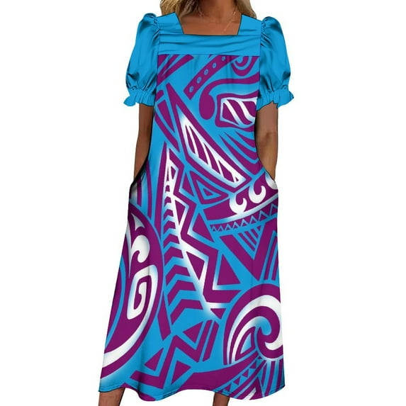 Summer Women's Dress Polynesian Custom Maxi Skirt Loose Hemline Mumu Short Sleeved Dress Square Collar Maxi Skirt
