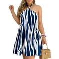 thumbnail image 1 of Summer Women's Dresses Beach Coverups Strapless Hanging Neck Printed Sundresses Blue Stripe X-Large, 1 of 4