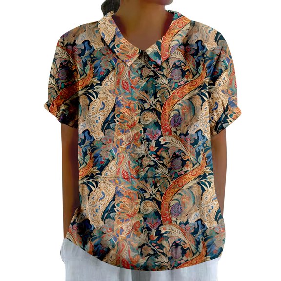Summer Women's Elegant Floral Print Loose Blouse With Classic Collar Retro Casual T Shirt