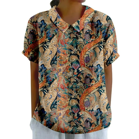 Summer Women's Elegant Floral Print Loose Blouse With Classic Collar Retro Casual T Shirt
