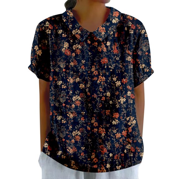 Summer Women's Elegant Floral Print Loose Blouse With Classic Collar Retro Casual T Shirt