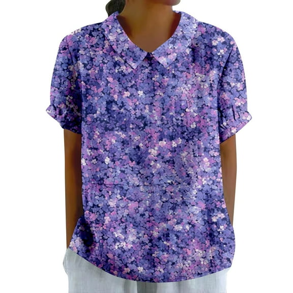 Summer Women's Elegant Floral Print Loose Blouse With Classic Collar Retro Casual T Shirt