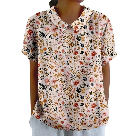 Summer Women's Elegant Floral Print Loose Blouse With Classic Collar Retro Casual T Shirt