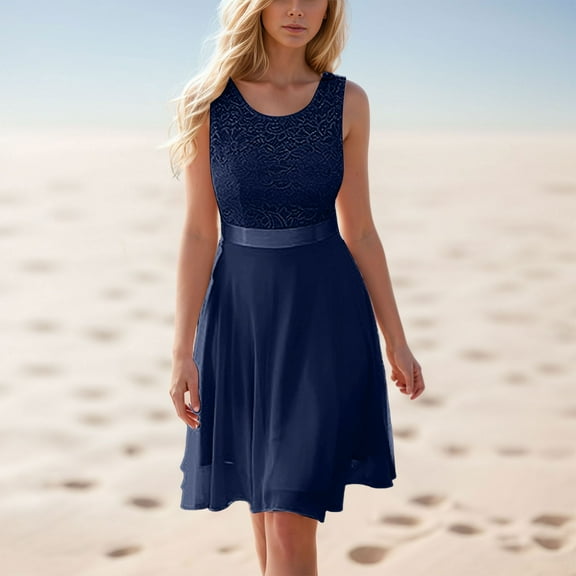 Summer Women's Flowy Waisted Lace Dress Casual Sleeveless Solid Color Boho Elegant Comfortable Lightweight Breathable Fashionable Trendy Party Beach